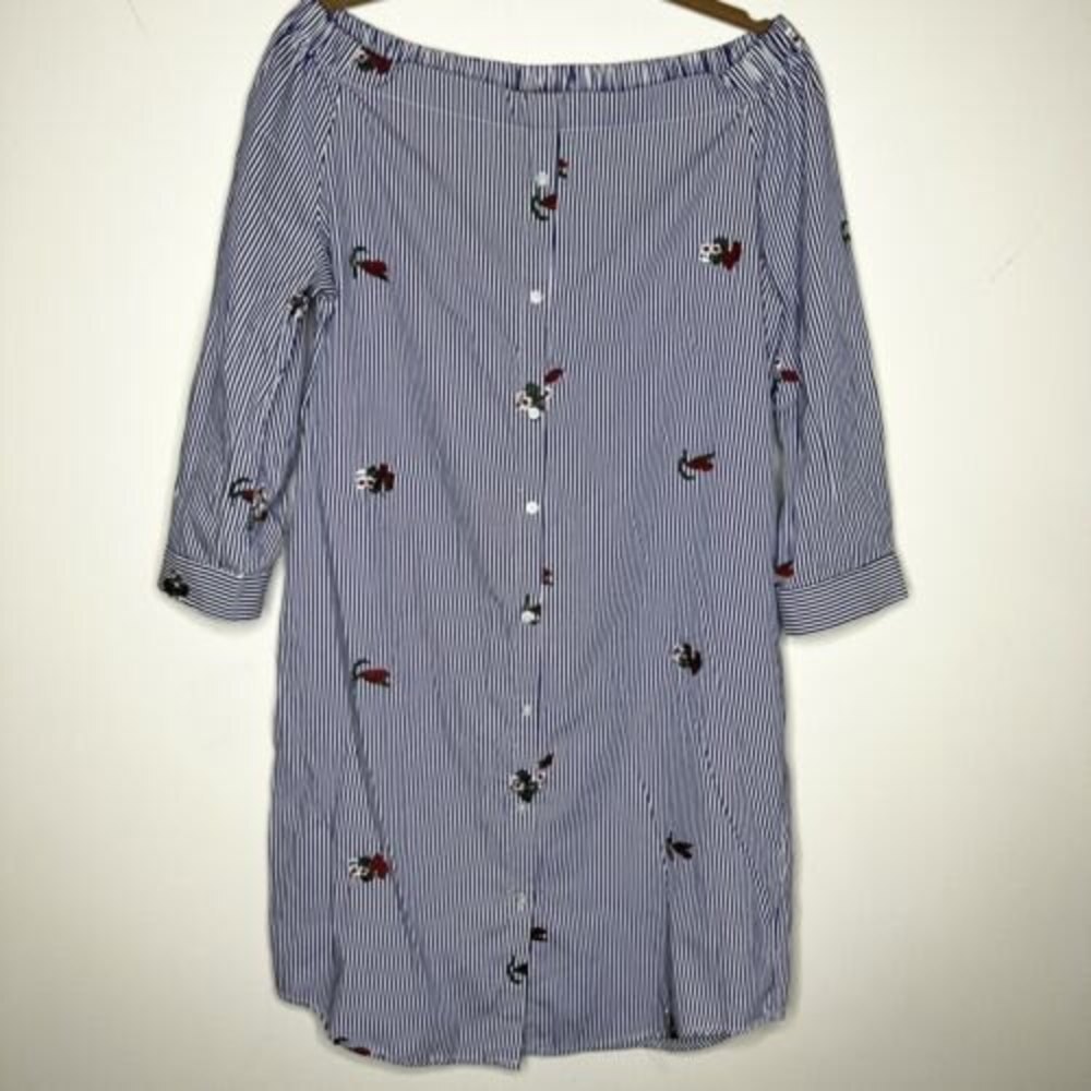 Esqualo Blue White Striped Off-Shoulder Shirt Dress Floral Women's 8 - Picture 1 of 9